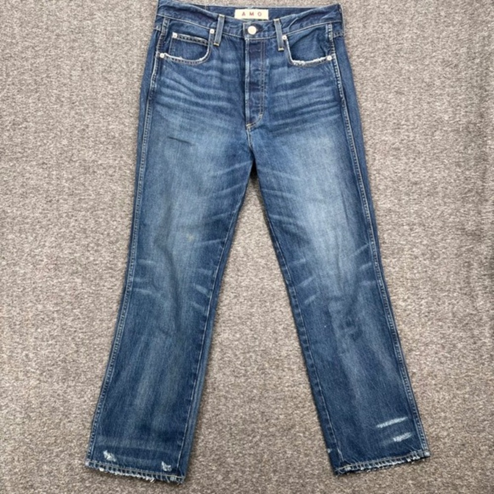 AMO Layla Womens High Rise Straight 29 Distressed Jeans Medium Wash Button Fly